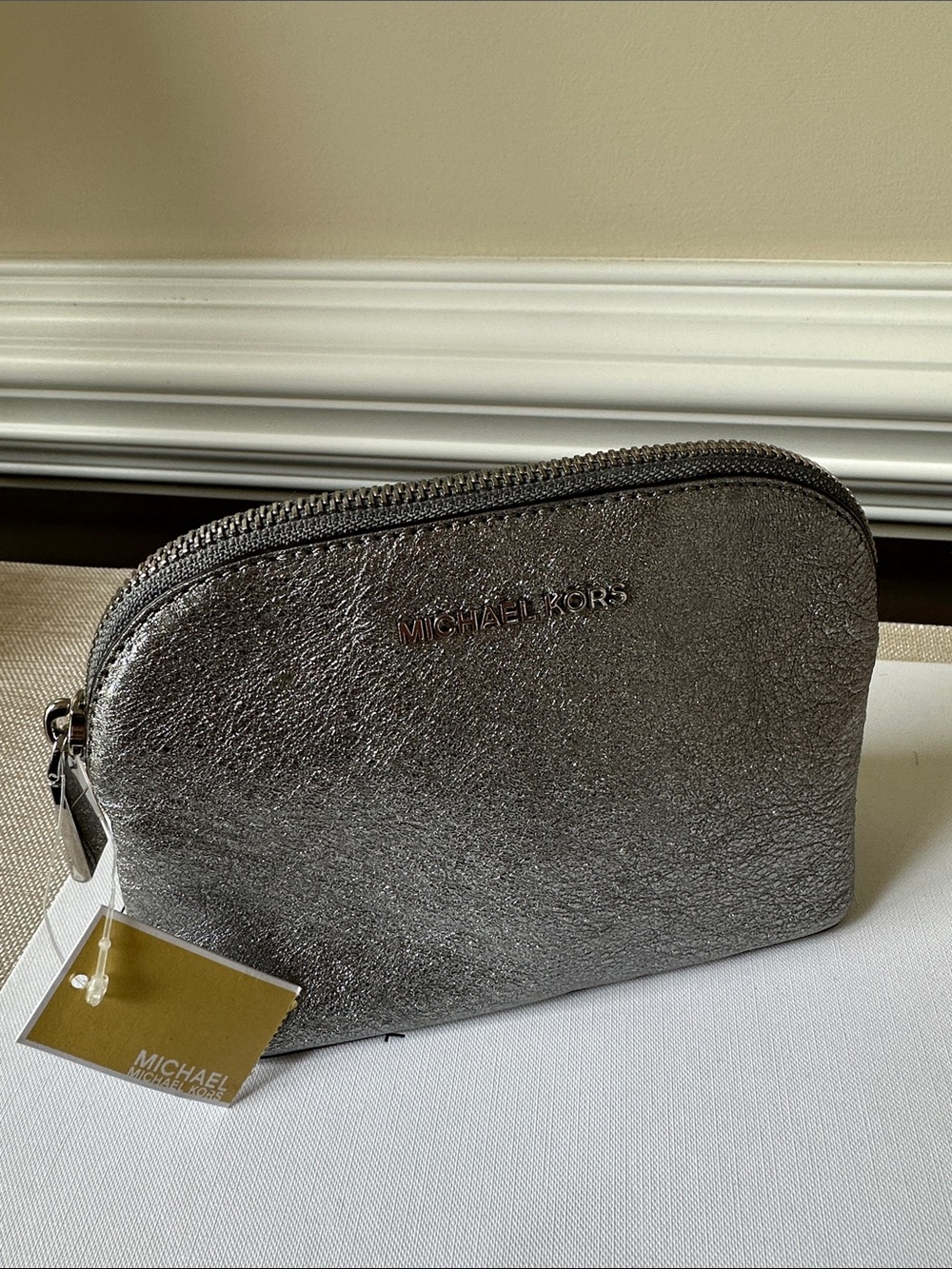 Michael Kors Silver Metallic Zip Cosmetic Case